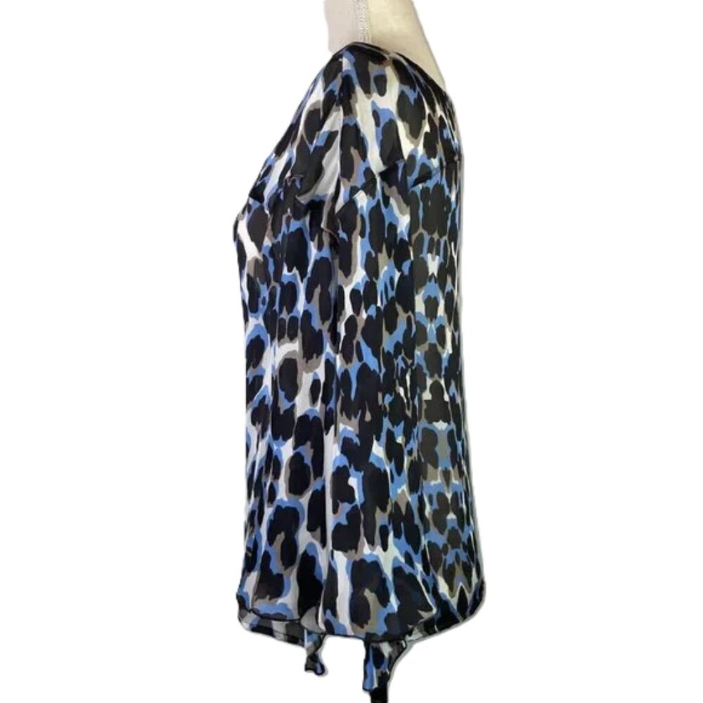 Robert Cavalli Blue Black Leopard Print Silk Blouse Bell Sleeve Sheer Size XS - Picture 3 of 13